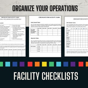 Könnte beinhalten: Grafik mit der Aufschrift "ORGANIZE YOUR OPERATIONS" und "FACILITY CHECKLISTS". Das Bild zeigt drei Checklisten für Facility-Aufgaben, mit Abschnitten für halbjährliche, vierteljährliche und monatliche Aufgaben.
