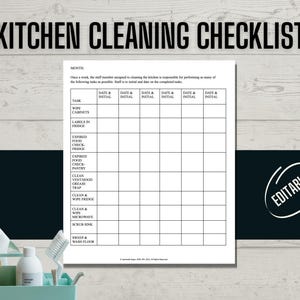 May include: A white kitchen cleaning checklist with the title "KITCHEN CLEANING CHECKLIST" in bold black letters. The checklist includes tasks like wiping cabinets and cleaning the microwave. The word "EDITABLE" is in a white circle.
