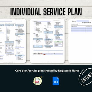 May include: Three-page Individual Service Plan document with checklists and fillable fields. The document is labeled "Individual Service Plan" in bold black text. The bottom of the image includes the text "Care plan/service plan created by Registered Nurse."