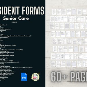 Könnte beinhalten: Ein digitales Dokumentenset mit dem Titel „RESIDENT FORMS Senior Care“ mit einer Liste von Formularen, einschließlich Aufnahmeunterlagen und Gesundheitsuntersuchungen. Das Bild zeigt ein „DOC“- und „PDF“-Symbol sowie den Text „60+ PAGES“.