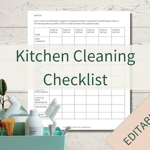 May include: A printable kitchen cleaning checklist with a grid for recording dates and initials. The checklist includes tasks such as wiping cabinets, cleaning the fridge, and scrubbing the sink.