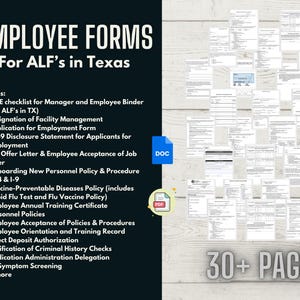 Peut inclure: Ensemble de formulaires pour employés pour les établissements d'aide à la vie (ALF) au Texas. L'image comprend une liste de formulaires, une icône de fichier DOC et une icône de fichier PDF. Le texte indique "30+ PAGES".