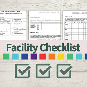May include: A checklist for facility tasks in small type assisted living facilities in Texas. The checklist includes required, semi-annual, quarterly, and monthly tasks. The checklist is divided into sections with checkboxes for each task. The checklist is titled "Facility Checklist" and has a rainbow border.