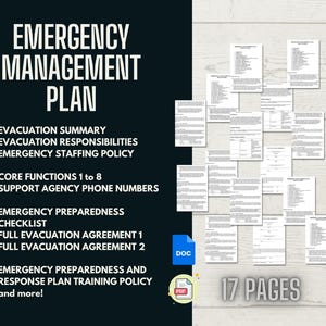以下が含まれることがあります： 黒い背景に白い文字で「EMERGENCY MANAGEMENT PLAN」と書かれた緊急時管理計画のドキュメント。計画には、避難の概要、責任、およびポリシーが含まれています。画像には、関連するドキュメントが17ページも表示されています。