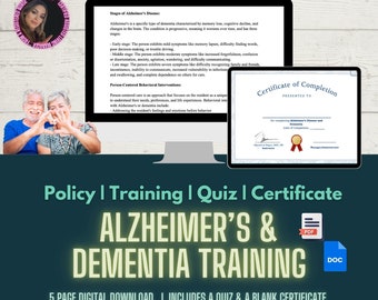 Digital Alzheimer&#39;s & Dementia care handbook, Comprehensive quiz, Digital handbook, Certificate of completion, Caregiver education