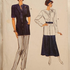 May include: An illustration of two outfits. One outfit features a navy blue short-sleeved jacket with pockets, paired with white and gray striped pants. The other outfit includes a white jacket with a blue belt and a navy blue skirt.
