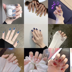 May include: A collection of different nail art designs. The designs include blue, green, purple, and red nail polish with various embellishments, such as glitter, rhinestones, and small drawings.