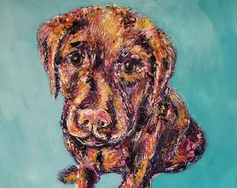 May include: A painting of a brown and black dog with a textured, abstract style. The dog is sitting with its head tilted to the side and its tongue sticking out. The background is a light blue color.
