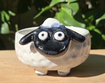 May include: A white ceramic sheep-shaped planter with a black face, ears, and feet. The sheep has large, expressive eyes and a blue-tinged top. The planter is round with a textured surface.