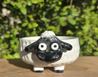May include: A white ceramic bowl with a sheep design. The sheep has a black face with white eyes and a white top. The bowl is on a wooden surface with a green leafy background.