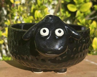 Handmade Black Sheep Ceramic Bowl | Stoneware Whimsical Animal Serving Dish
