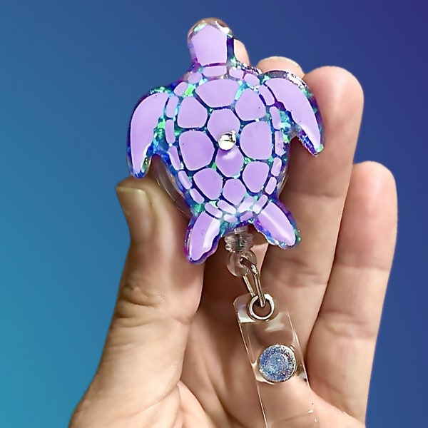 Glittery Resin Turtle Badge Reel - Retractable Ocean Animal- Beach Clip ID Holder for Work - Cute Sea Creature Lanyard Accessory-Nurse Badge
