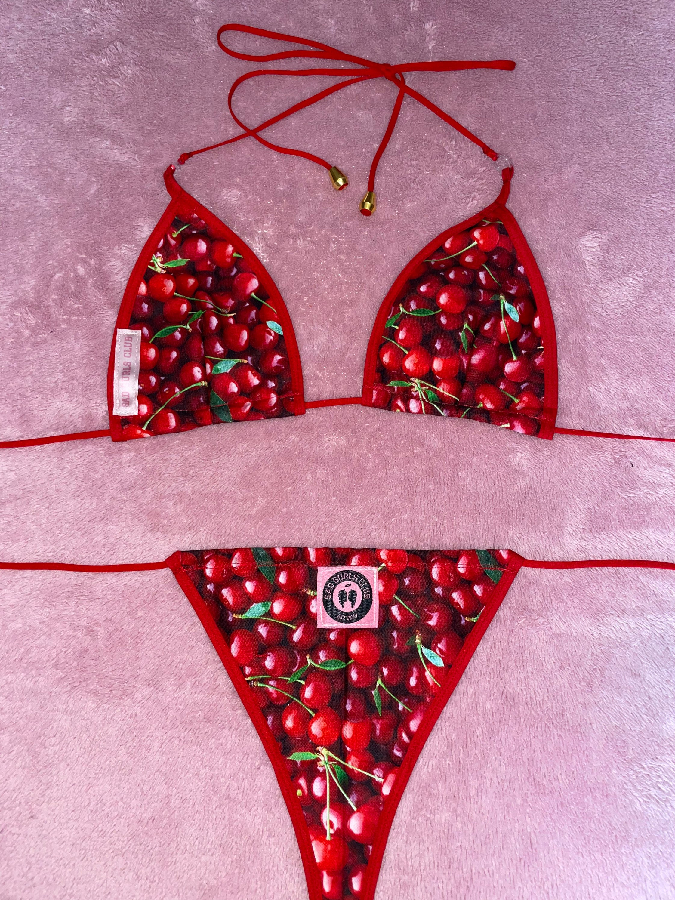 Cherry Print High Leg String Bikini Set -  Canada