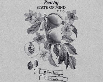 Grafiskt tryckt unisex-t-shirt med en vintage-illustration av persikor och ett sarkastiskt talesätt