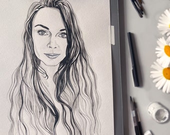 Custom  portrait is meticulously painted by hand, using India ink on high-quality paper, ensuring vibrant details and a timeless appeal.