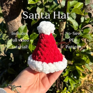 May include: A small, red and white Santa hat with a fluffy white trim and pom-pom. The text "Santa Hat" is at the top, with "Includes full video tutorial!" and "No-Sew PDF Pattern" on the sides.