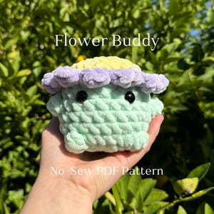 May include: A crochet pattern for a flower buddy plush toy. The toy is green with a purple and yellow flower on top. The pattern is a no-sew PDF pattern.