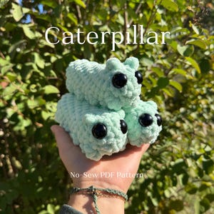 Op de afbeelding: Drie handgemaakte, mintgroene gehaakte rupsen met grote zwarte ogen. Het woord "Caterpillar" staat in witte letters boven de rupsen. De tekst "No-Sew PDF Pattern" staat eronder.