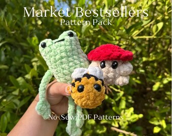 No-Sew Crochet Pattern Bundle Frog Bee Mushroom Digital PDFs