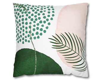 Couch Throw Decorative Pillow Cover | Modern Abstract, Emerald Green, White, Blush Leaf, Floral | Square Living Room Pillowcase, 20x20 18x18