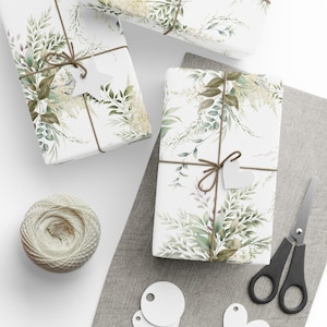 Floral Wrapping Paper Roll, Botanical Plant Leaves, Olive Sage Green White, Gift Wrapping Minimalist All Occasion Gifts for the Holidays
