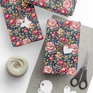 William Morris Inspired Wrapping Paper: Floral Peonies, Navy Beige Green