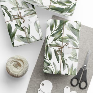 Floral Wrapping Paper Roll, Botanical Plant Leaves, Olive Sage Green White, Gift Wrapping Minimalist All Occasion Gifts for the Holidays