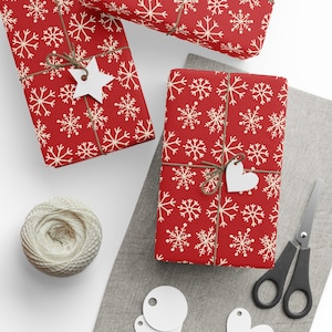 Xmas Wrapping Paper Roll; Red White Snow Flakes Holiday Gift Wrap Paper