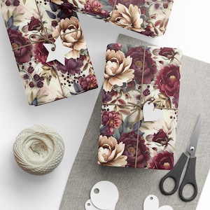 Floral Wrapping Paper Roll: Vintage Roses, Burgundy & Beige