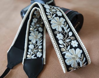 Embroidered Floral Patterns Camera Strap Black Base Color Black Leather Tips Camera Strap Camera Accessories Photographer Gift