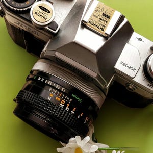 May include: A silver Canon film camera with a 50mm lens. The camera has a black lens cap and a black strap. The camera is on a green surface.