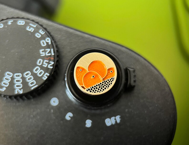 May include: Close-up of a black camera with a round dial and a decorative button. The button features a gold background with orange fruit illustrations and a black and white dotted pattern.