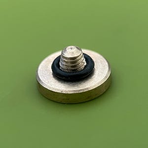 May include: A close-up of a silver screw with a black rubber washer. The screw is on a green surface.