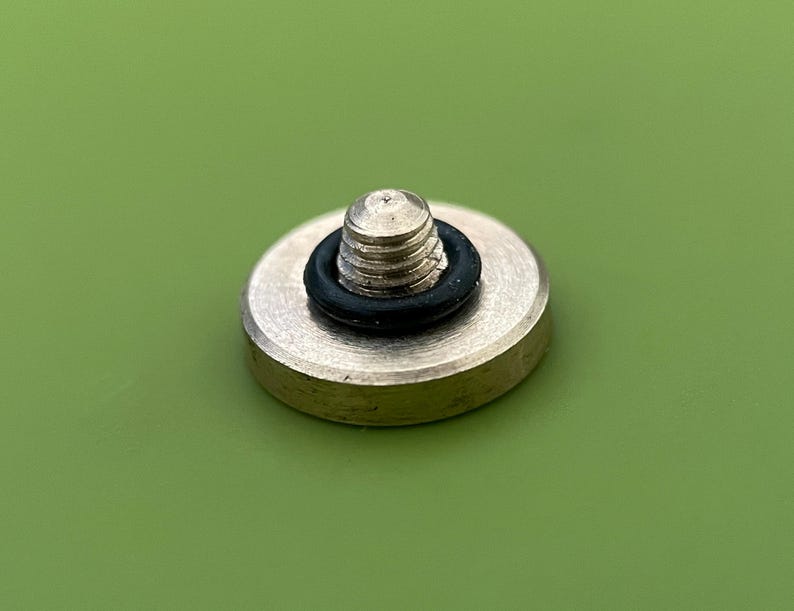 May include: A close-up of a silver screw with a black rubber washer. The screw is on a green surface.