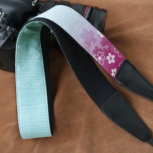 Misty Teal Cherry Blossom Camera Strap with Leather Ends Adjustable Length For Sony Leica Canon Nikon Fuji Sakura Photography Accessory Gift