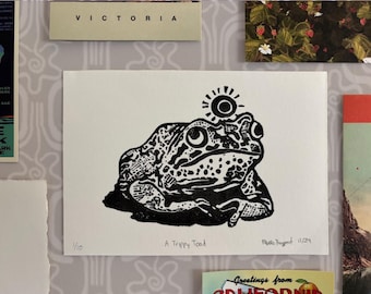 Stampa artistica su linoleum di un rospo psichedelico - 5x7 cm, stampa a mano di un rospo da appendere al muro