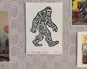 Bigfoot Linocut Art Print - 3.5x5 Hand Block Printed Floral Folklore Wall Art