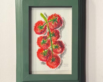 Oil Pastel Tomatoes, 4x6 original handmade framed art