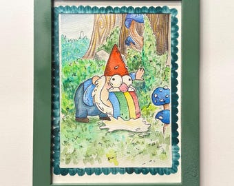 Gravity Falls Gnome Throwing Up Rainbow Framed 5x7 Gouache and Colored Pencil Art