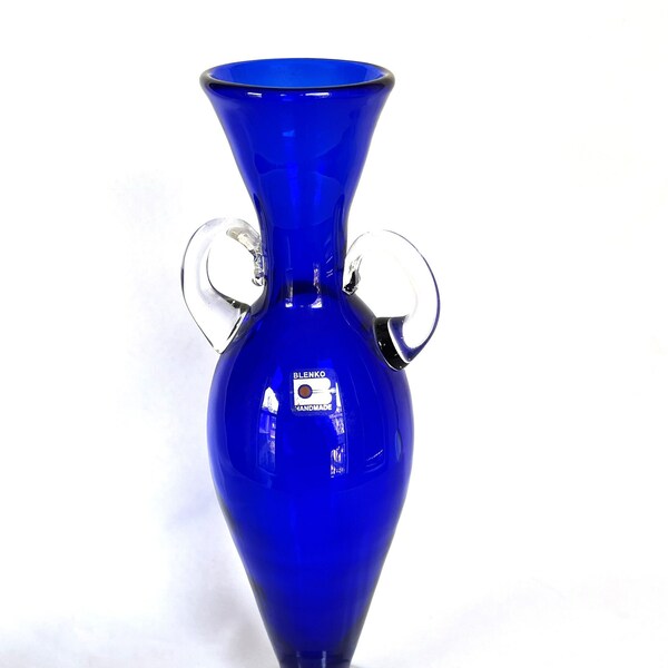 Vintage Blenko 14" Inch Cobalt Blue Hand Blown Colored Art Studio Applied Handled Footed Urn Glass Vase with Original Foil Sticker