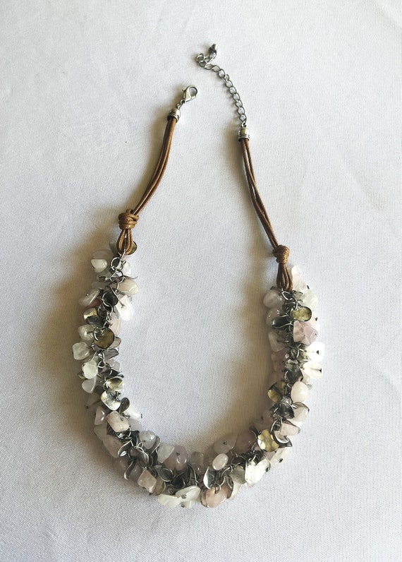 Vintage Rose Quartz Stone Chips and Silver Medall… - image 1