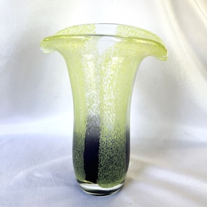 Vintage Multi Colored Studio Art Glass Tulip Vase Speckled Green with Blue Base Fade Artisan Vase