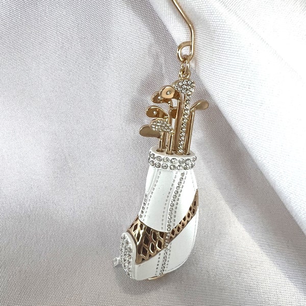 Vintage White Enamel and Gold Metal Golf Bag with Crystals Keychain Christmas Ornament