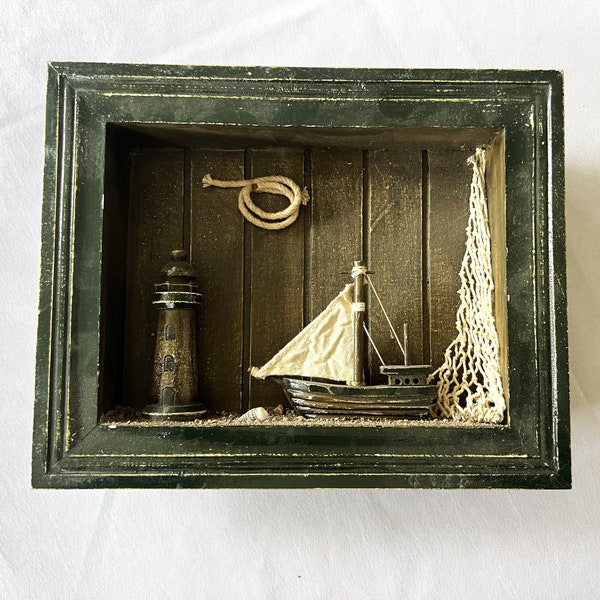 Vintage Lighthouse Fishing Sailboat Nautical Themed 3D Wood Framed Shadow Box Wall Art