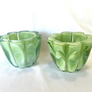 Vintage Sea Foam Green Eco Glass Glassware Candle Holders Scalloped Art Glass Tealight Holder Set of Two