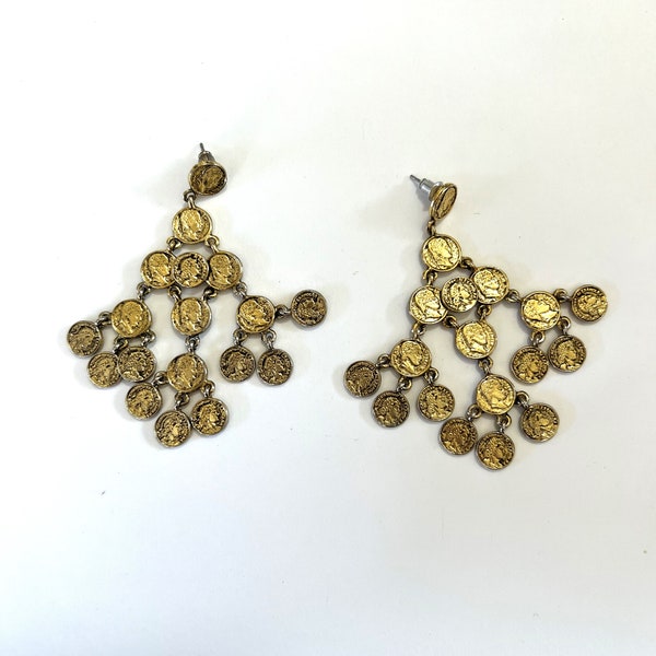 Vintage Graziano Coin Stylized Costume Jewelry Dangle Pushback Earrings