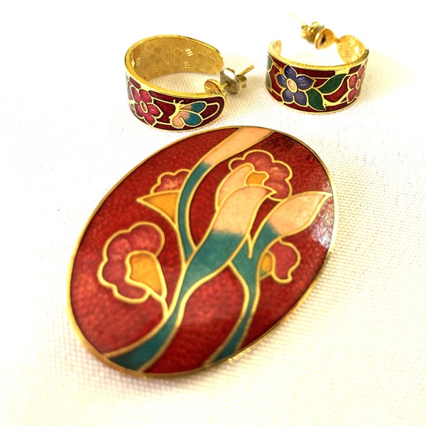 Vintage Cloisonne Floral Iris Brooch Pin and Matching Earrings Jewelry Set