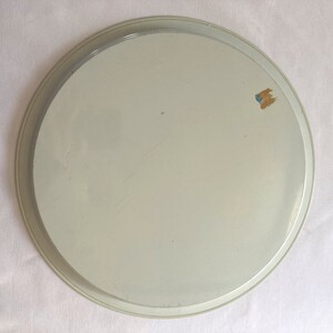 May include: A white metal serving tray with a slightly raised rim. The tray has a smooth surface and a small, blue and brown sticker on the side.
