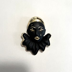 Vintage Harlequin Jester Crying Clown Matte Black and Metalic Gold Finish Brooch Pin