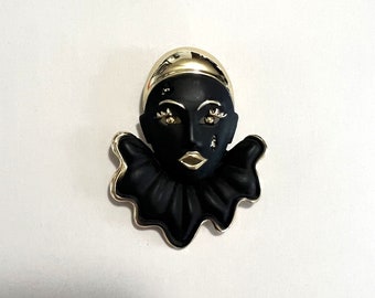 Vintage Harlequin Jester Crying Clown Matte Black and Metalic Gold Finish Brooch Pin
